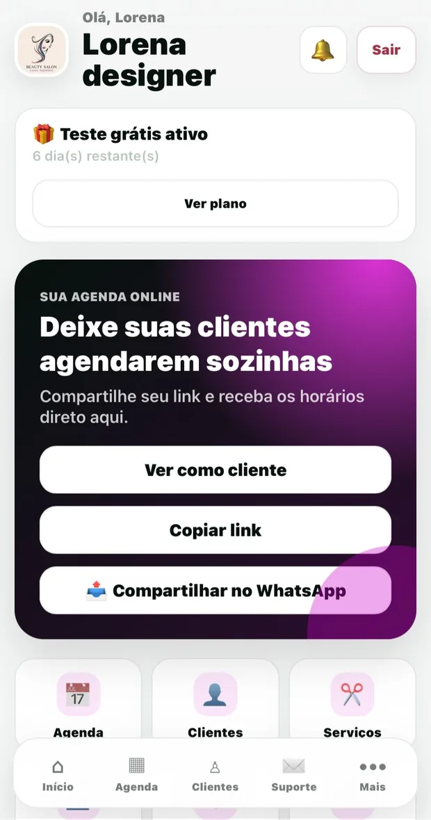 Tela real do painel do profissional no Agenda Fácil