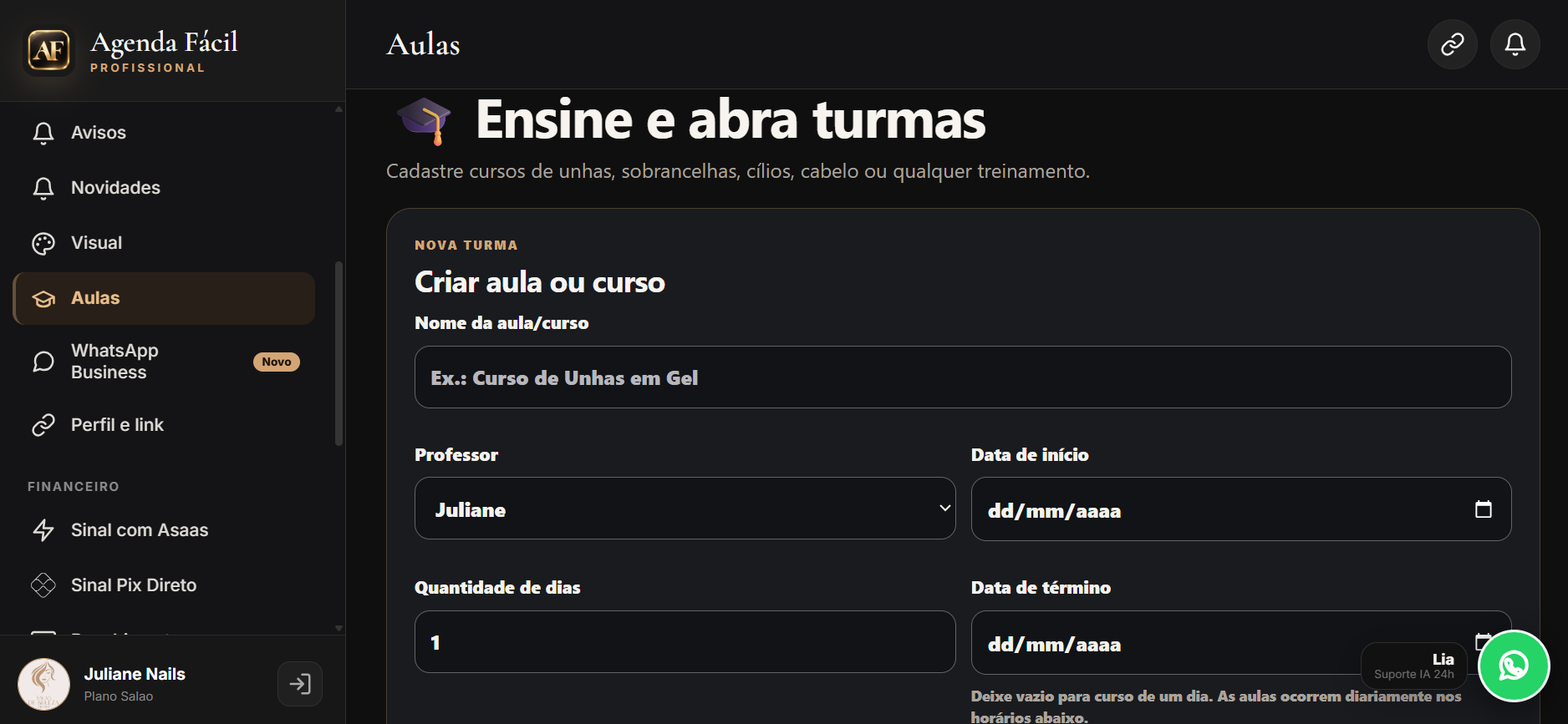 Captura do painel de Aulas do Agenda Fácil