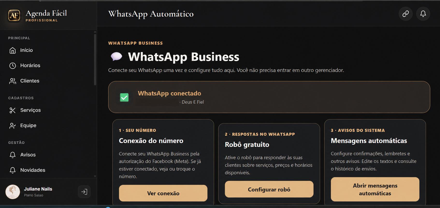 Captura do painel de WhatsApp Business do Agenda Fácil