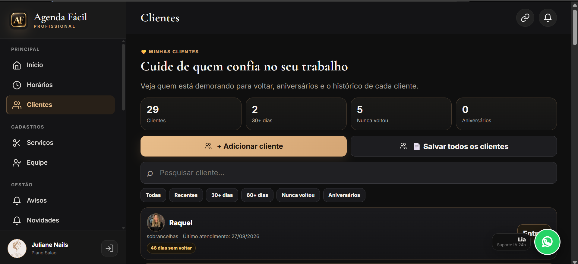 Captura do painel de Clientes do Agenda Fácil